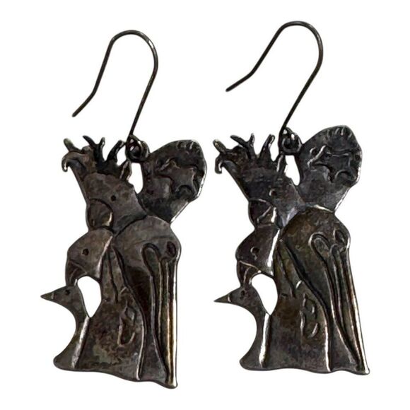 Vintage Signed Sterling Silver Bird & Woman Ambiguous Pelican Cockatoo Earrings - Picture 1 of 8